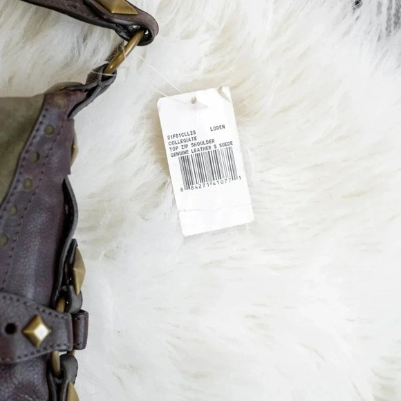 NWT! MICHAEL KORS COLLEGIATE STUDDED BROWN LEATHER OLIVE GREEN SUEDE BAG - Picture 6 of 15